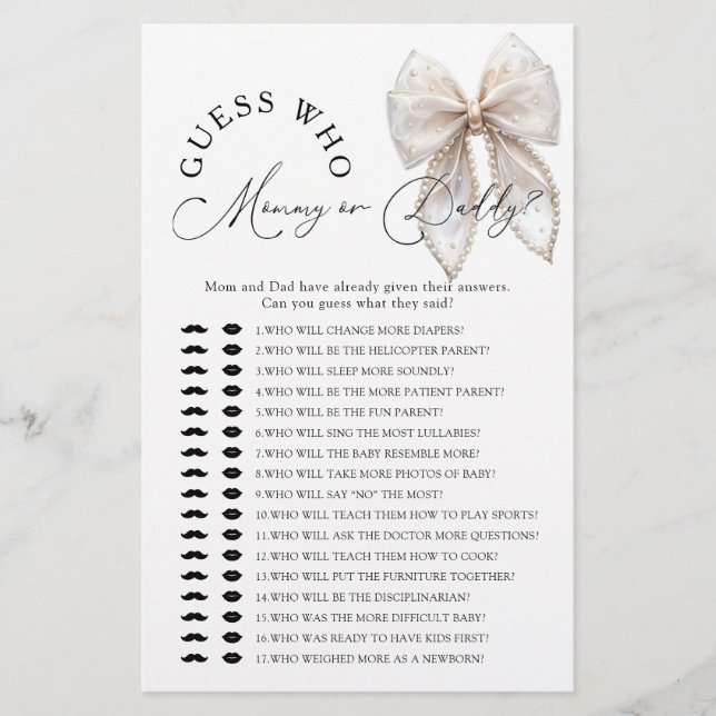 Bow Guess Who Mommy or Daddy Baby Shower Game (Framsida)