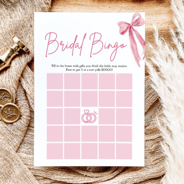 Bow hon knutar knuten Bröllopsdusch Bingo Spel Inbjudningar (Bow She's Tying the Knot Bridal Shower Bingo Game)