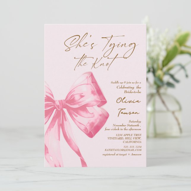 Bow Hon knyter knuten Bröllopsdusch Rosa Inbjudningar (Stående Fram)