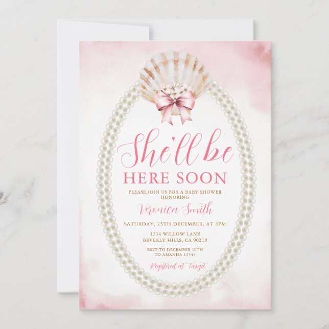Bow Hon Kommer Snart Sea Shell Söt Baby Shower Inbjudningar (Framsida)