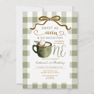 Bow Hot Cocoa 1-årsdag Sage Green Gingham Inbjudningar
