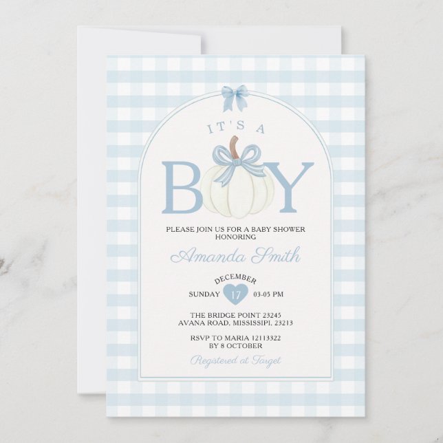 Bow It's A Boy Pumpkin Baby Shower Blue Gingham Inbjudningar (Framsida)