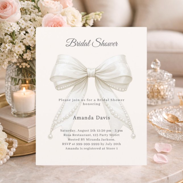 Bow ivory pearls elegant Bridal Shower invitation (Skapare uppladdad)