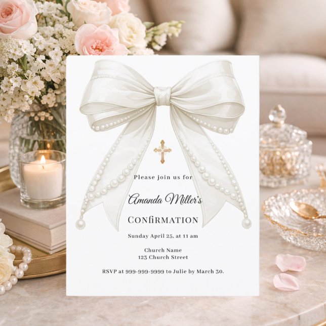 Bow ivory pearls girl Confirmation invitation (Skapare uppladdad)