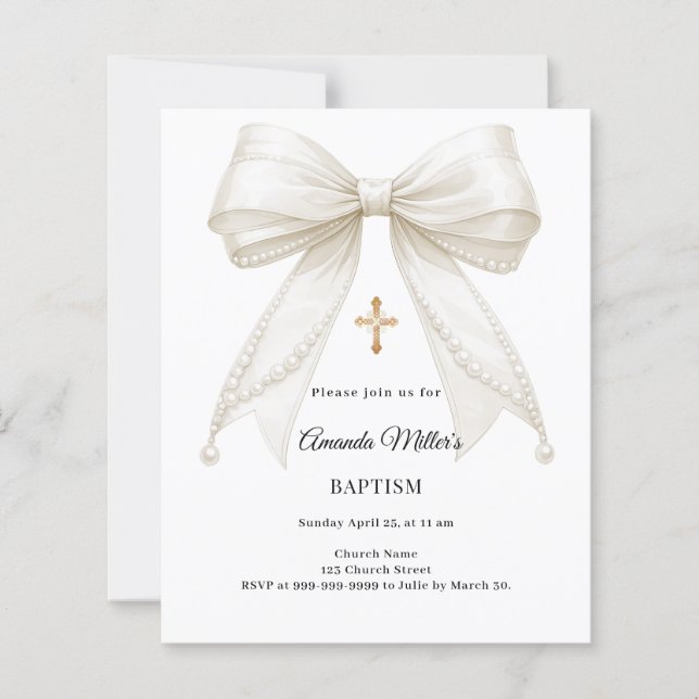 Bow Ivory Pearls Girl Elegant Baptism invitation (Framsida)