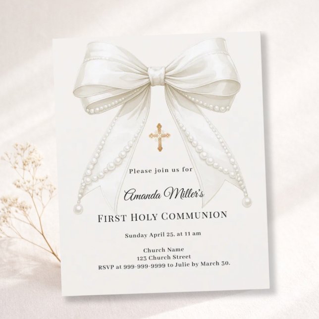 Bow ivory pearls girl First Communion invitation (Skapare uppladdad)