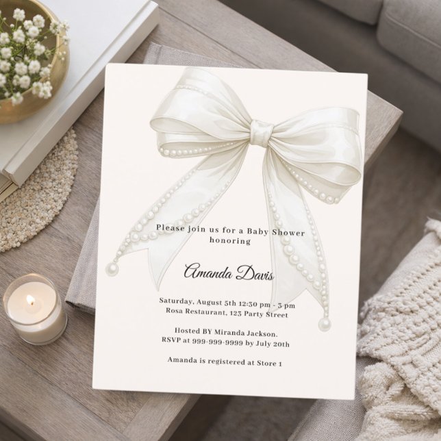 Bow ivory pearls luxury Baby Shower invitation (Skapare uppladdad)