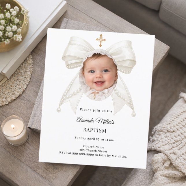 Bow Ivory Pearls Photo Girl Baptism invitation (Skapare uppladdad)