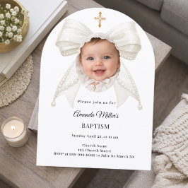 Bow Ivory Pearls Photo Girl Elegant Baptism Arch Inbjudningar