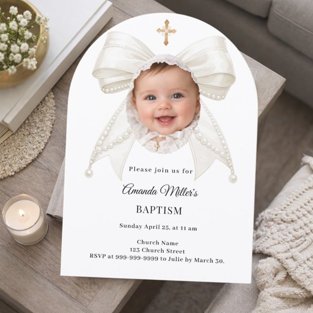Bow Ivory Pearls Photo Girl Elegant Baptism Arch Inbjudningar (Skapare uppladdad)