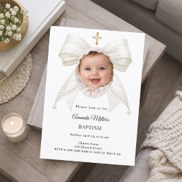 Bow Ivory Pearls Photo Girl Elegant Baptism Inbjudningar