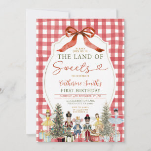 Bow Land Sweets Birthday Nutcracker 1st Gingham Inbjudningar