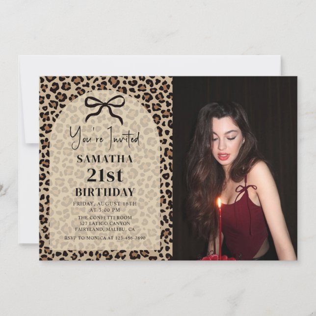 Bow Leopard Cheetah Birthday Photo Invitation Inbjudningar (Framsida)