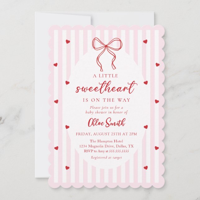Bow Little Sweetheart Baby Shower Invitation Inbjudningar (Framsida)