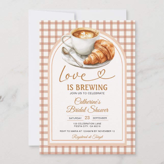 Bow Love Is Brewing Bröllopsdusch Brun Gingham Inbjudningar (Framsida)