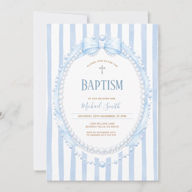Bow & Pearl Oval Christening for Boy Inbjudningar (Framsida)