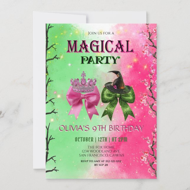 Bow pink & green Magical Witch Birthday Inbjudningar (Framsida)