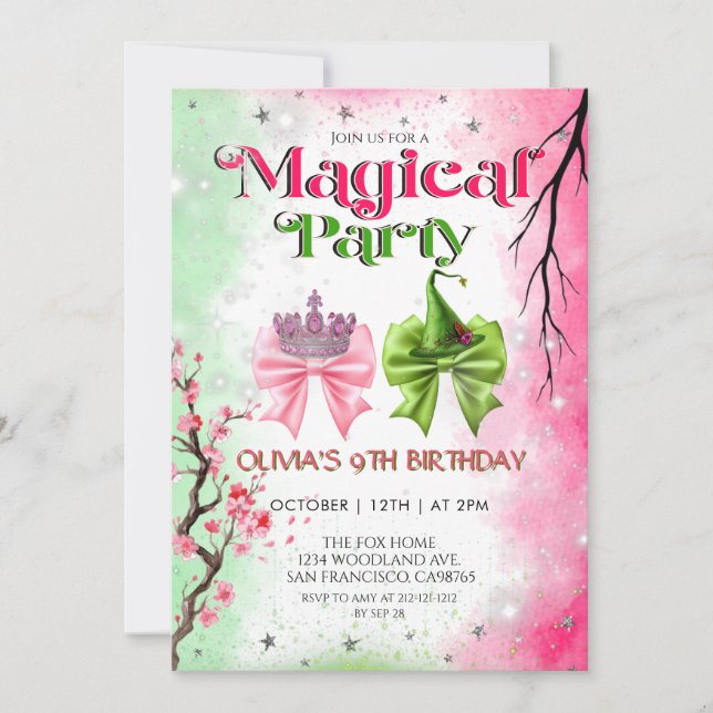 Bow pink & green Magical Witchy Birthday Inbjudningar (Framsida)