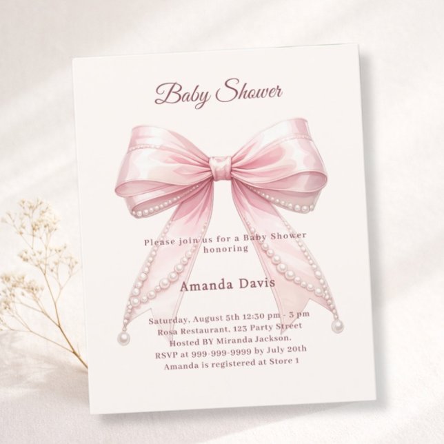 Bow pink ivory pearls girl Baby Shower invitation (Skapare uppladdad)