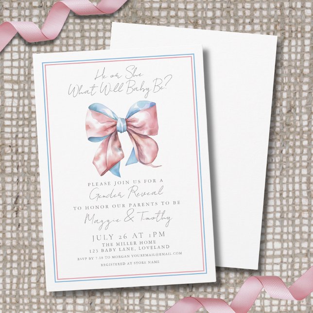 Bow Pink Och Blå Köns Avslöjande Inbjudningar (Bow Pink And Blue Gender Reveal Invitation )