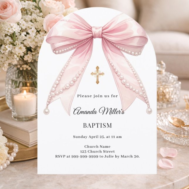 Bow Pink Pearls Girl Elegant Baptism Arch Inbjudningar (Skapare uppladdad)