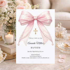 Bow Pink Pearls Girl Elegant Baptism Inbjudningar