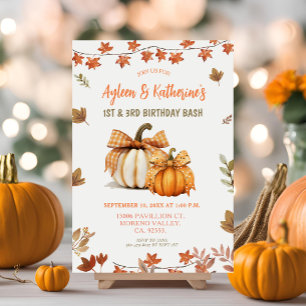 Bow Pumpkin Joint Birthday Syskon Autumn Party Inbjudningar