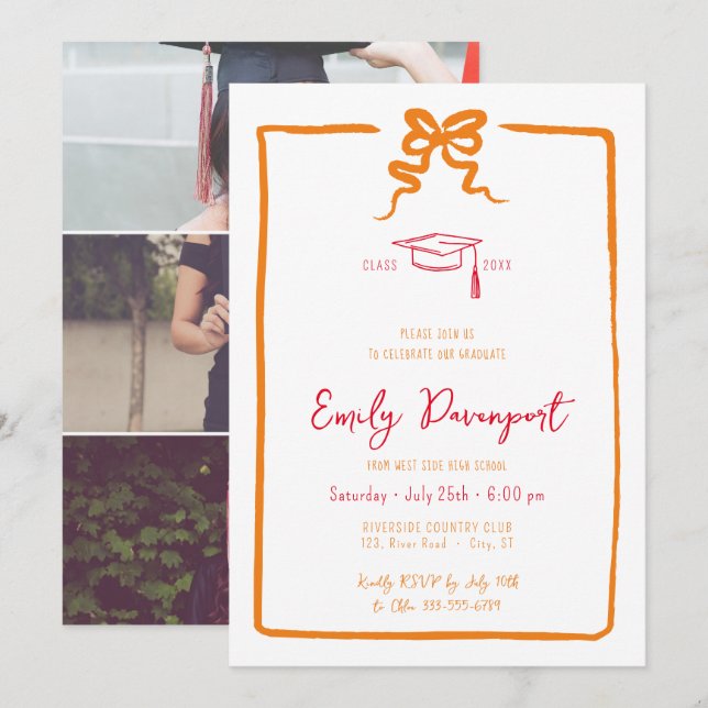 Bow quirky studenten 3-foton inbjudningar (Fram/baksida)