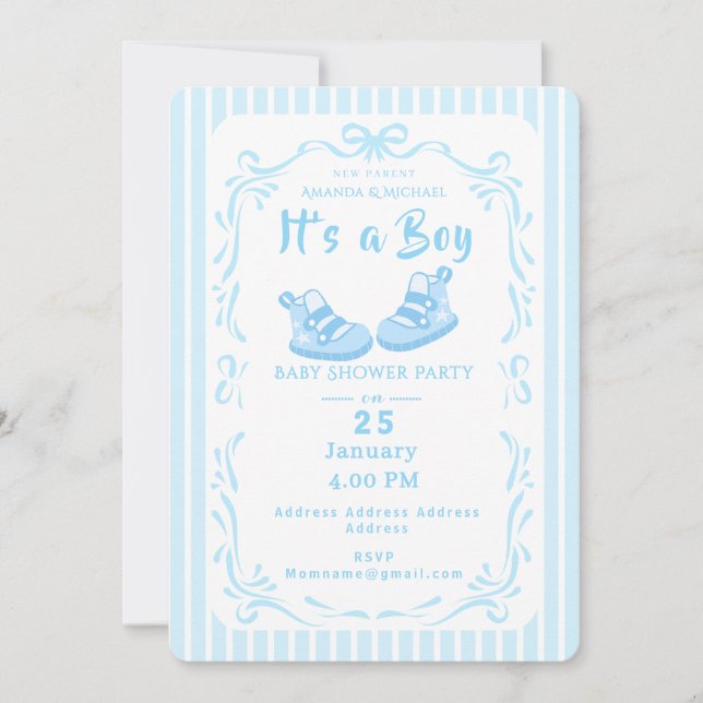 Bow Ribbon är en Boy Baby Shoe Inbjudningar (Framsida)