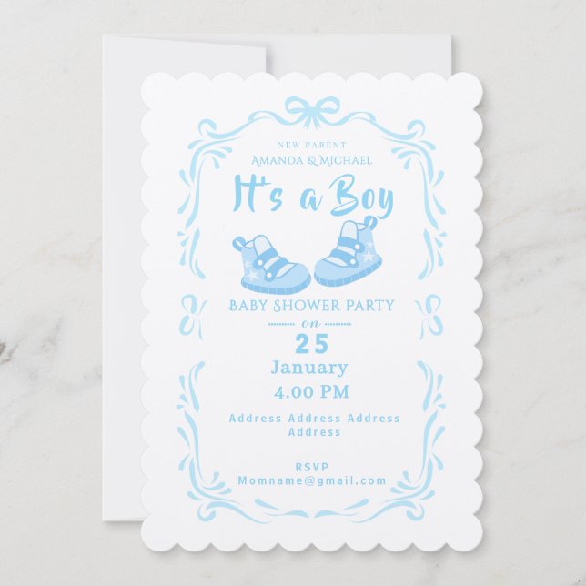 Bow Ribbon är en Boy Baby Shoe Inbjudningar (Framsida)