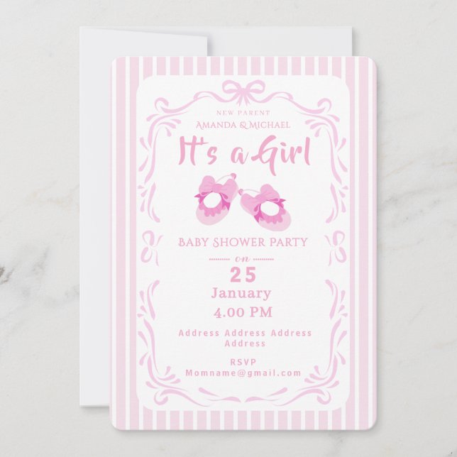 Bow Ribbon är en flicka i Baby Shoe Inbjudningar (Framsida)