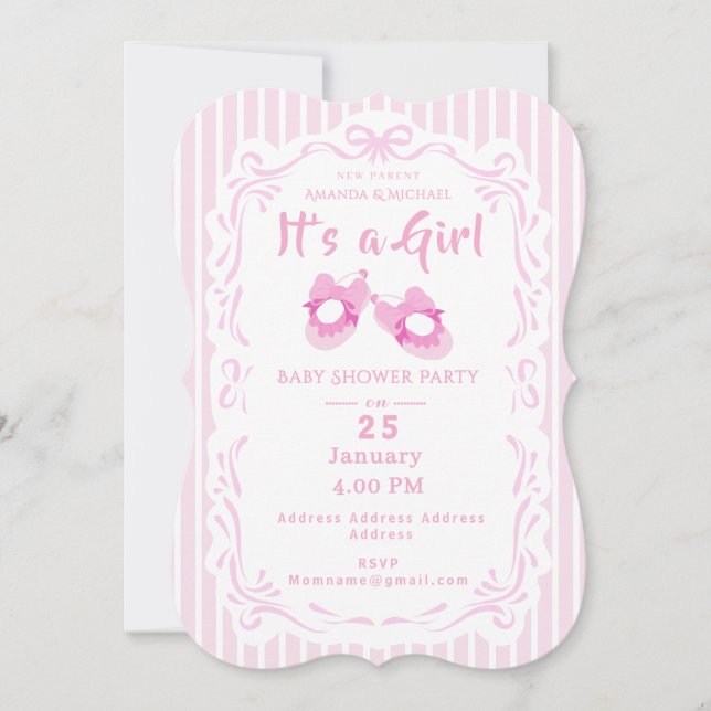 Bow Ribbon är en Rosa i Baby- Inbjudningar (Framsida)