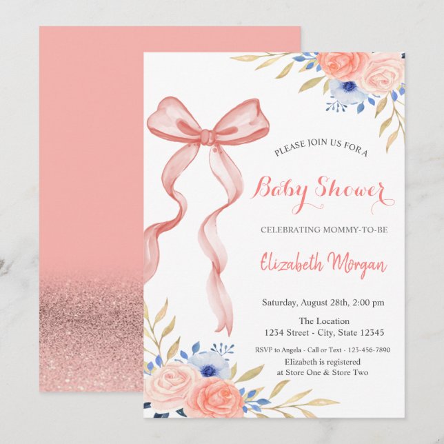 Bow Ribbon Blommor Bokeh Baby Shower Inbjudningar (Fram/baksida)