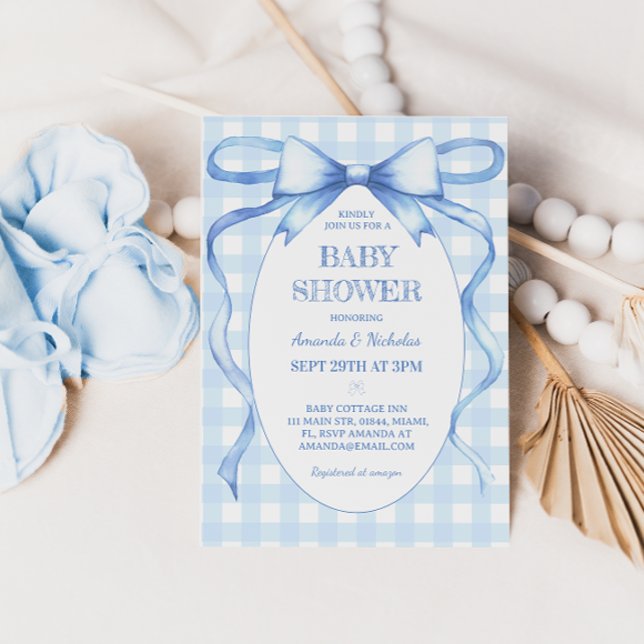 Bow Ribbon Blue Gingham Pojke Shower Inbjudningar (Skapare uppladdad)