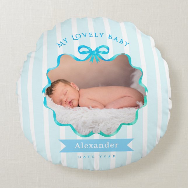 Bow Ribbon New Born Baby Boy Rund Kudde (Framsidan)