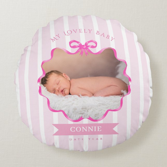 Bow Ribbon New Born Baby Girl Rund Kudde (Framsidan)