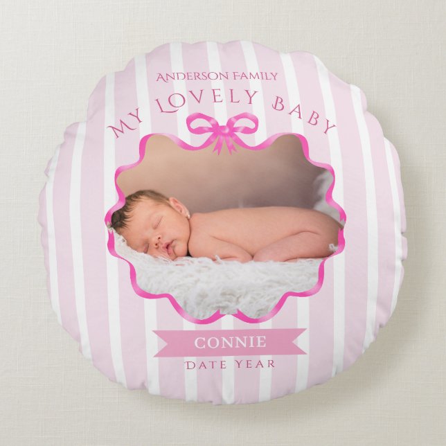 Bow Ribbon Nyfödd Babyflicka  Rund Kudde (Framsidan)