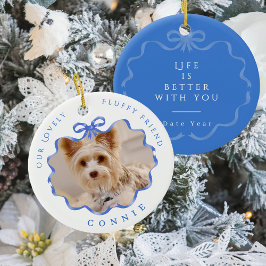 Bow Ribbon Pet Memory Photo Blue Julgransprydnad Keramik