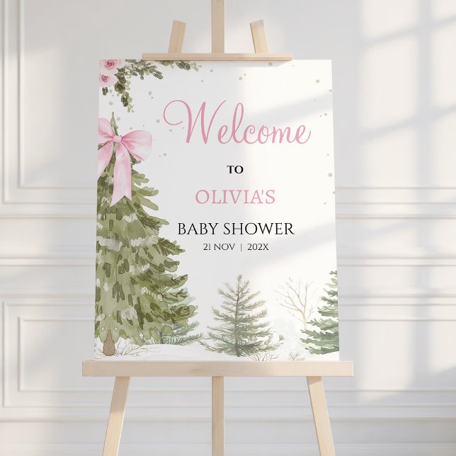Bow Rosa Baby Det är Kallet Baby Shower Välkomstsk Fototryck (Baby It's Cold Outside Baby Shower Welcome Poster, Winter baby Shower Welcome Sign Baby Girl Bow)