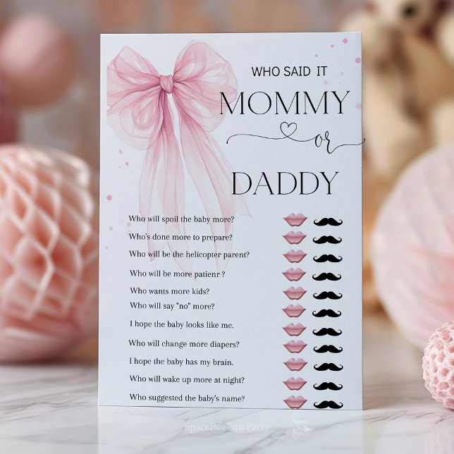 Bow Rosa Baby Shower Games anpassar sig (Bow Pink Coquette games card, A delicate Bow Pink Coquette baby shower collection featuring soft pin)