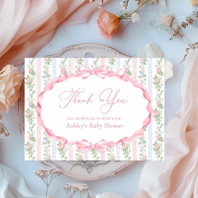 Bow Rosa Blommigt Baby Shower Tack Kort (Skapare uppladdad)