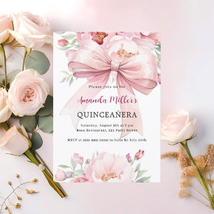 Bow rosa blommigts Quinceanera Inbjudningar