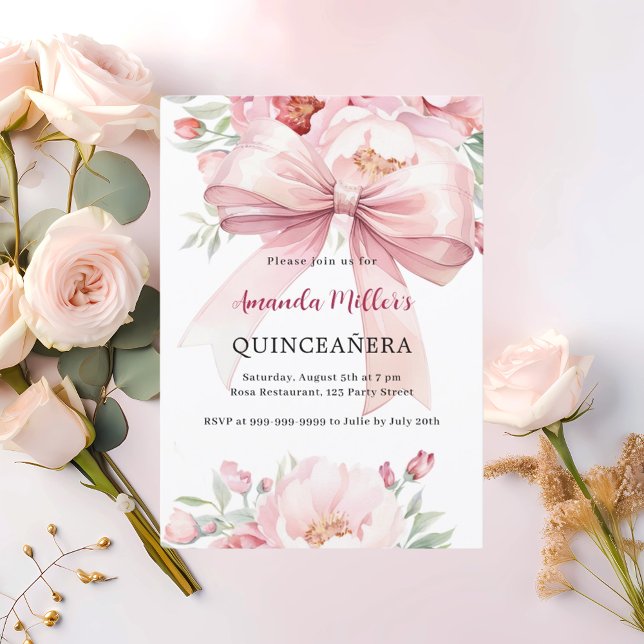 Bow rosa blommigts Quinceanera Inbjudningar (Skapare uppladdad)