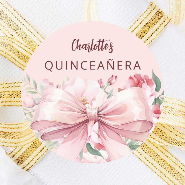 Bow rosa blommigts Quinceanera Runt Klistermärke (Skapare uppladdad)