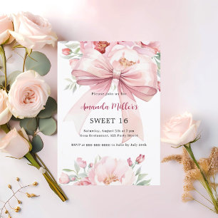 Bow rosa blommigts Sweet 16 Inbjudningar