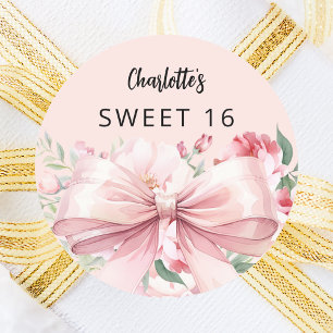 Bow rosa blommigts Sweet 16 Runt Klistermärke