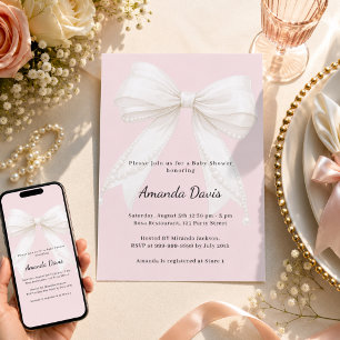 Bow rosa elfenben flicka Baby Shower Inbjudningar