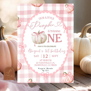 Bow Rosa Gingham Pumpkin 1:a födelsedagen Inbjudningar