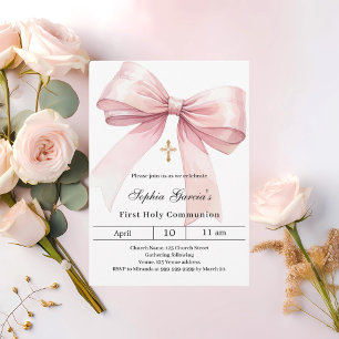 Bow rosa Girl First Communion Inbjudningar