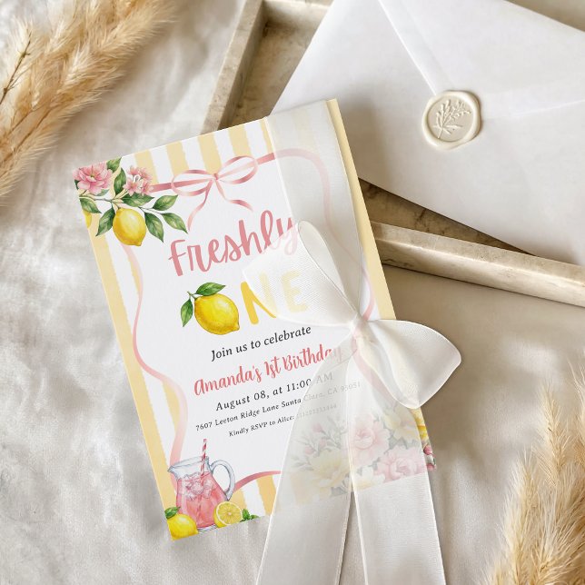 Bow Rosa Gul Lemon Färsk Första Födelsedag Inbjudningar (Skapare uppladdad)